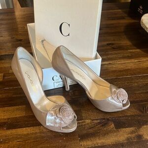 Beautiful taupe dressy high-heeled shoe.